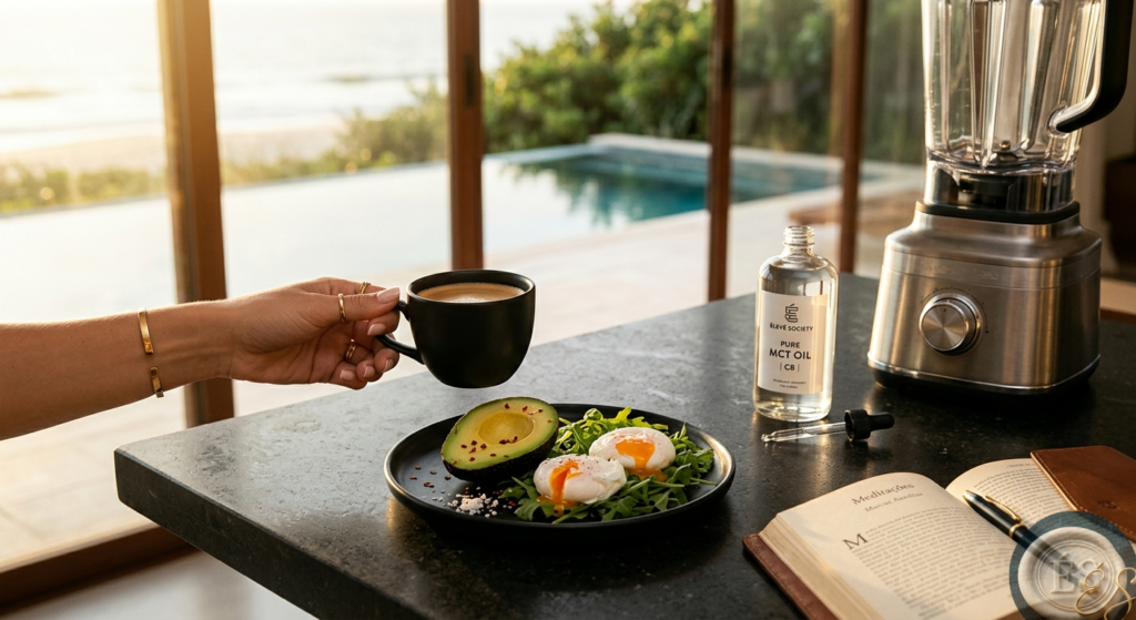 
Cafe-da-manha-minimalista-cetogenico-de-luxo-com-Keto-Coffee-MCT-Oil-e-livro-Meditacoes-de-Marco-Aurelio-da-Eleve-Society