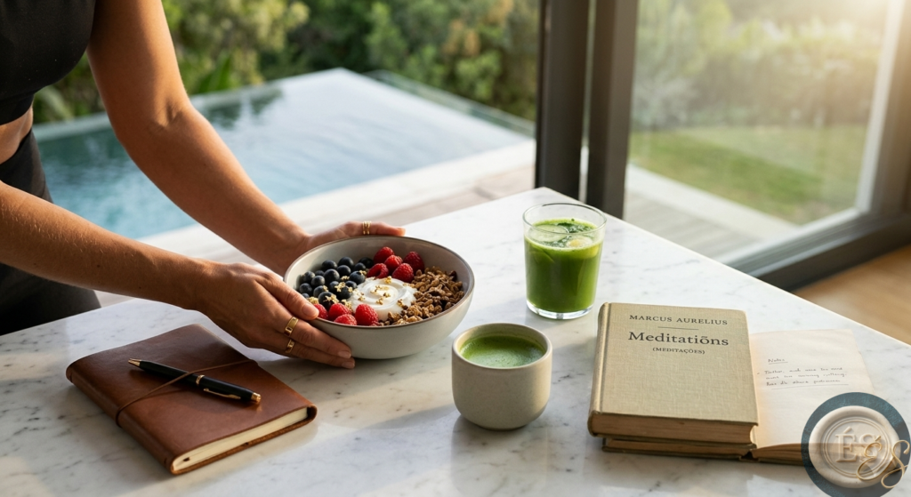 Cafe-da-manha-minimalista-com-Gastronomia-Funcional-de-Elite-e-livro-Meditacoes-de-Marco-Aurelio.