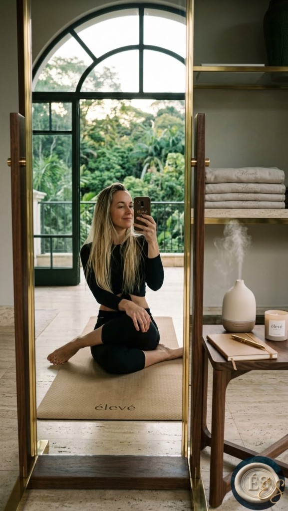 Selfie de performance da fundadora em um dos Spas de luxo no Brasil simbolizando Biofísica de Elite e Wellness da Élevé Society.