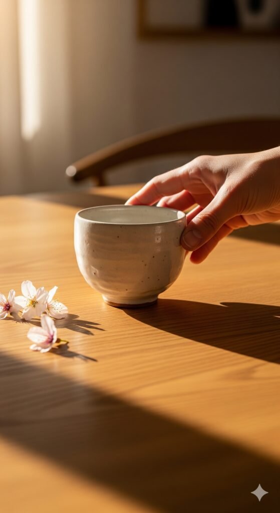 Uma xícara de cerâmica rústica em uma mesa de madeira clara com luz do sol, representando a estética do respeito e o minimalismo no Japão.