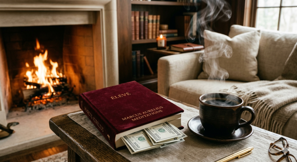 Bíblia dos Estoicos Edição de Luxo representando a Riqueza Inteligente da Élevé Society com dólares e café.