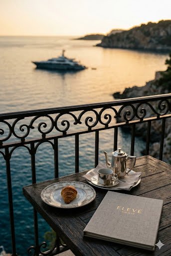 Fotografía de autor en primer plano que captura un momento de serenidad y lujo minimalista en una terraza privada frente al mar. Sobre una mesa de diseño artesanal, reposa un libro de tapa dura junto a una taza de cerámica japonesa con té Matcha. Al fondo, las ondas suaves del océano turquesa y el horizonte infinito ilustran el estilo de vida consciente y la cultura de la presencia de Élevé Society.