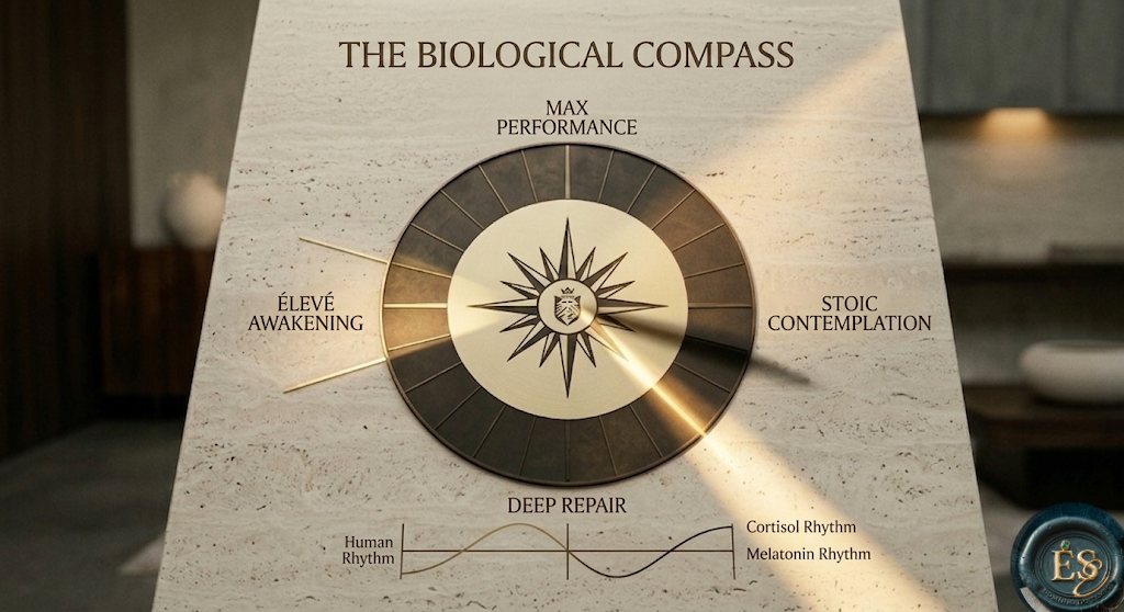 A sophisticated diagram of the 24-hour human biological clock, showing the peaks of cortisol and melatonin for elite performance