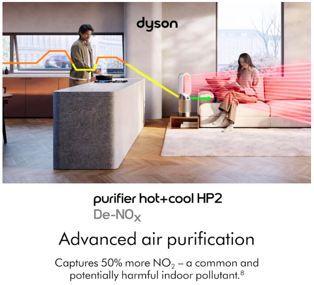 Family protected from formaldehyde and indoor pollutants by Dyson HP2 De-NOx air purifier