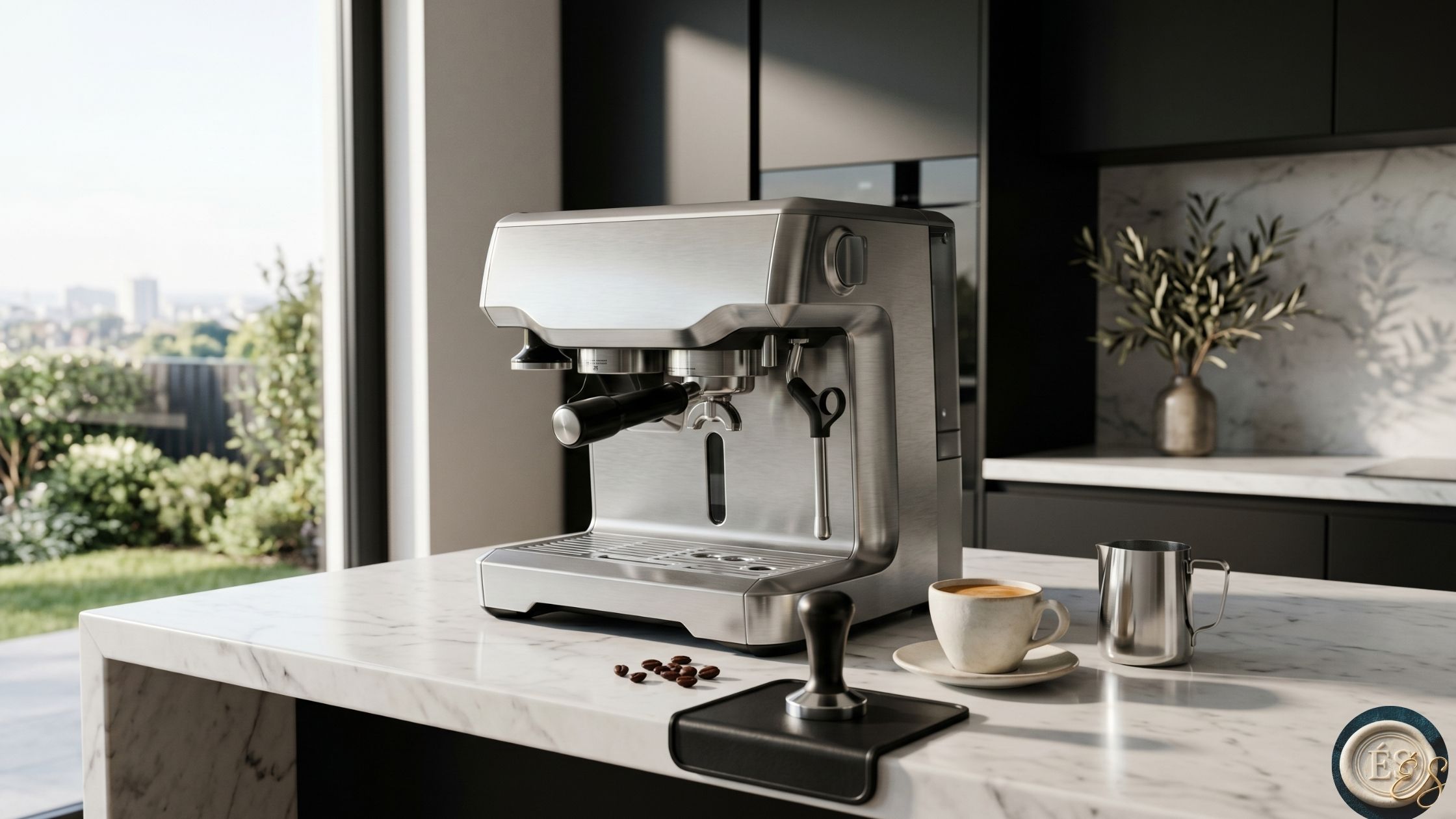 Morning ritual luxury — clean kitchen with garden view, marble countertop and Breville espresso machine · Élevé Society