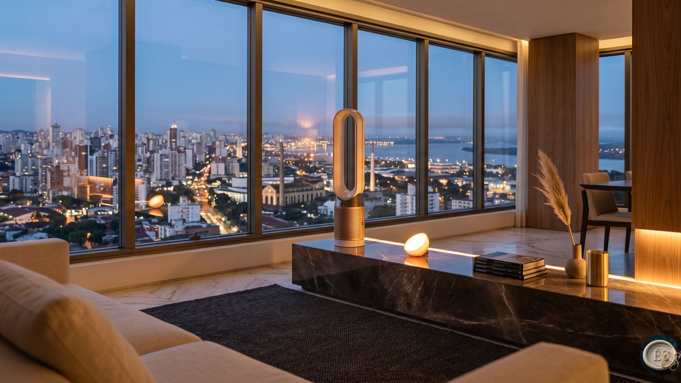 Smart home luxury devices — minimalist luxury apartment at dusk with Dyson purifier and Philips Hue ambient lighting · Élevé Society