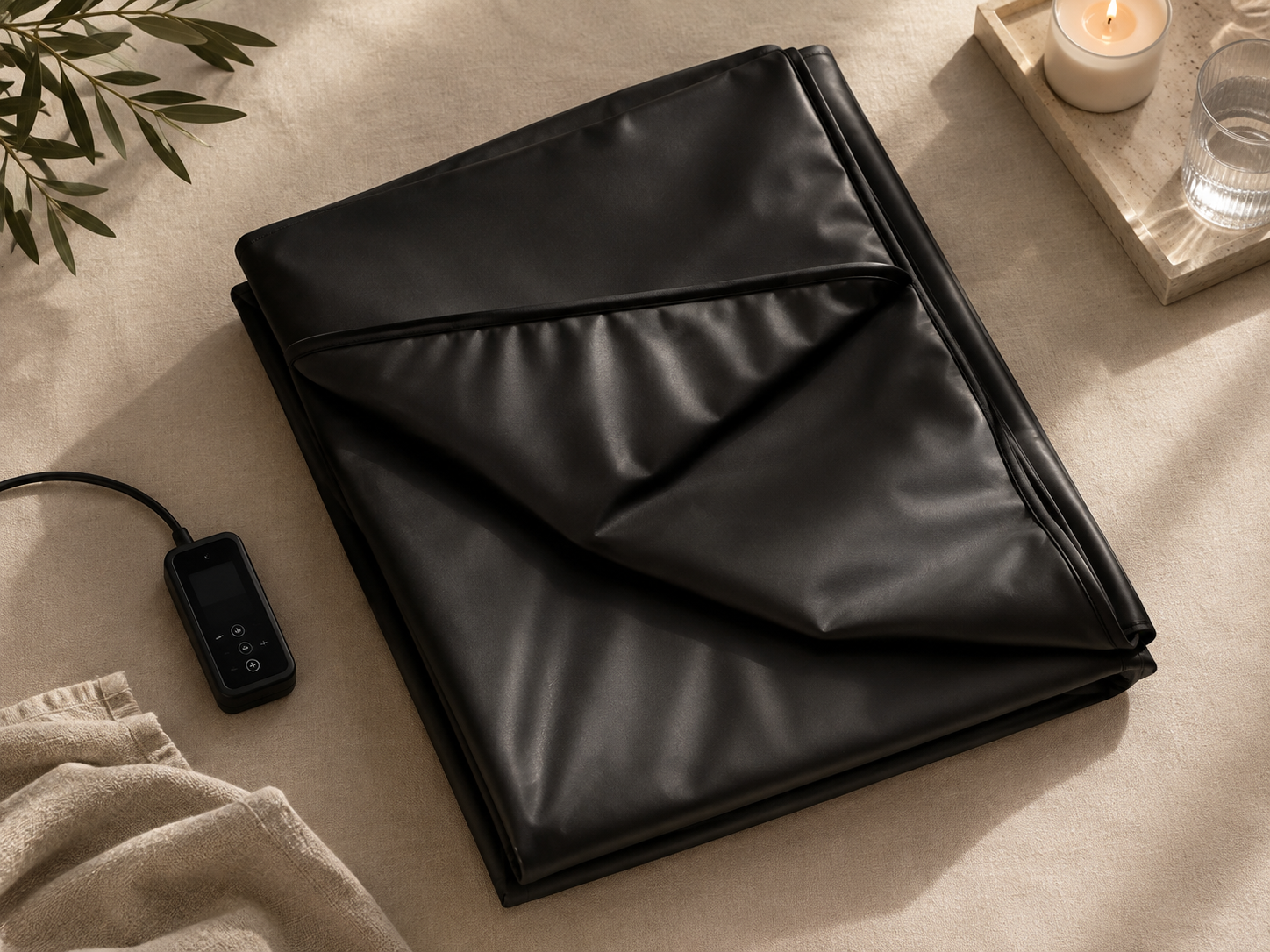 Black infrared sauna blanket folded flat on a neutral linen backdrop