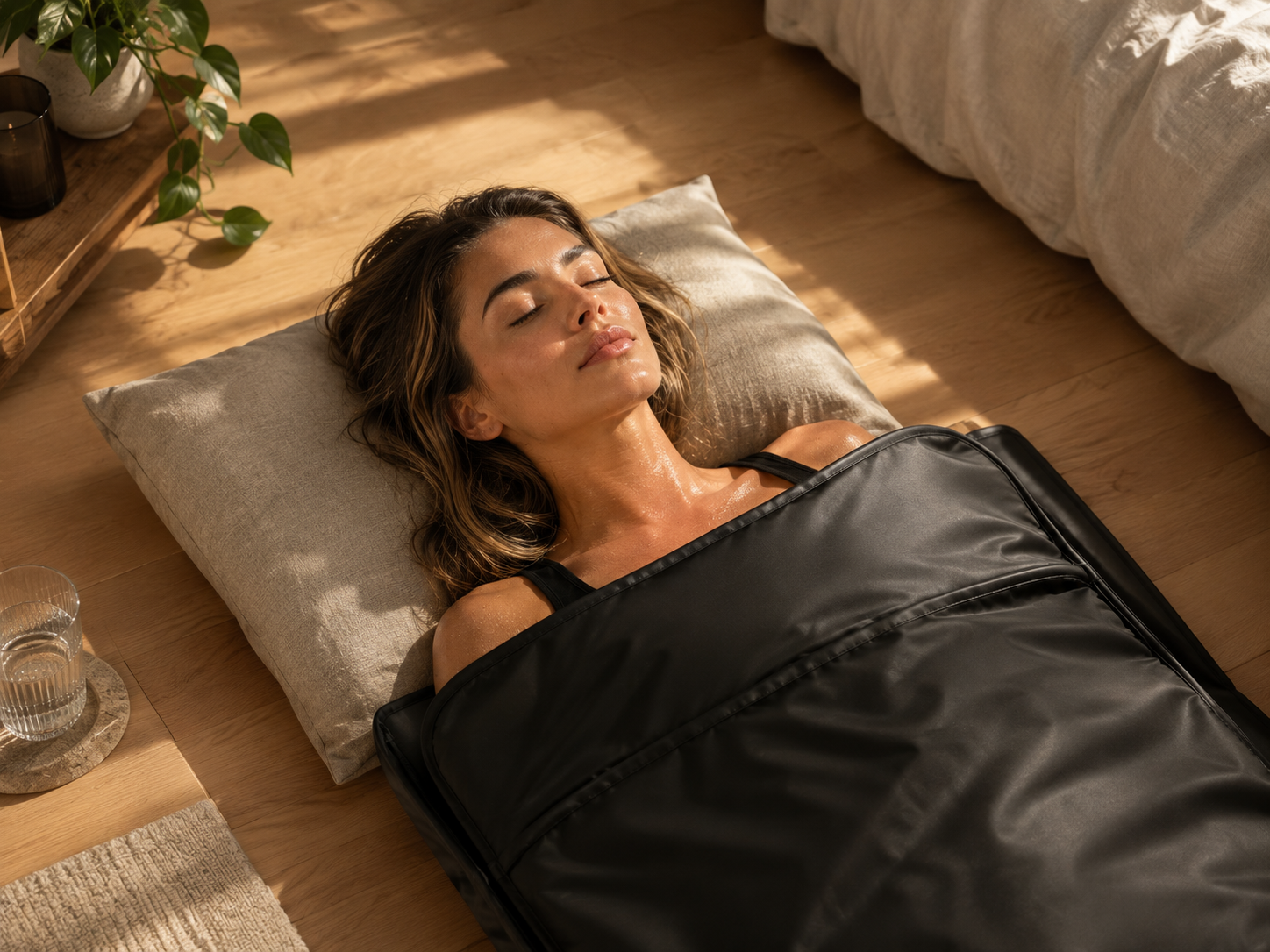 Person relaxing wrapped in a heated wellness blanket on a wooden floor