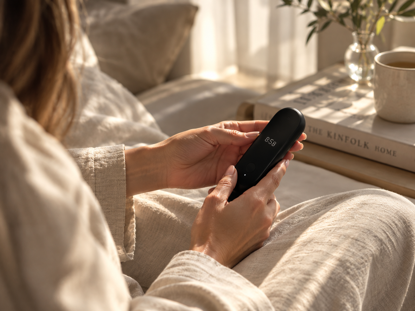 Woman taking her morning Lumen breath measurement, device showing time 8:58